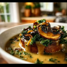 Simple Wild Mushroom, Caramelized Onion and Kale Soup